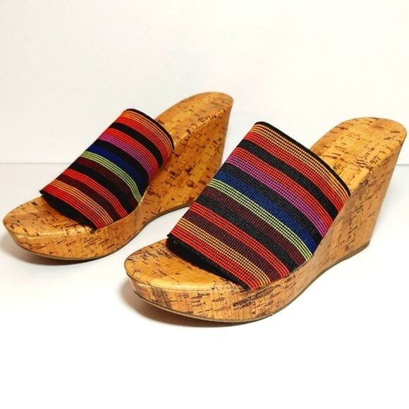 MONTEGO Bay Womens Size 6.5 Wedge Sandal Striped Rainbow Slip On Heel Colorful - Picture 2 of 11